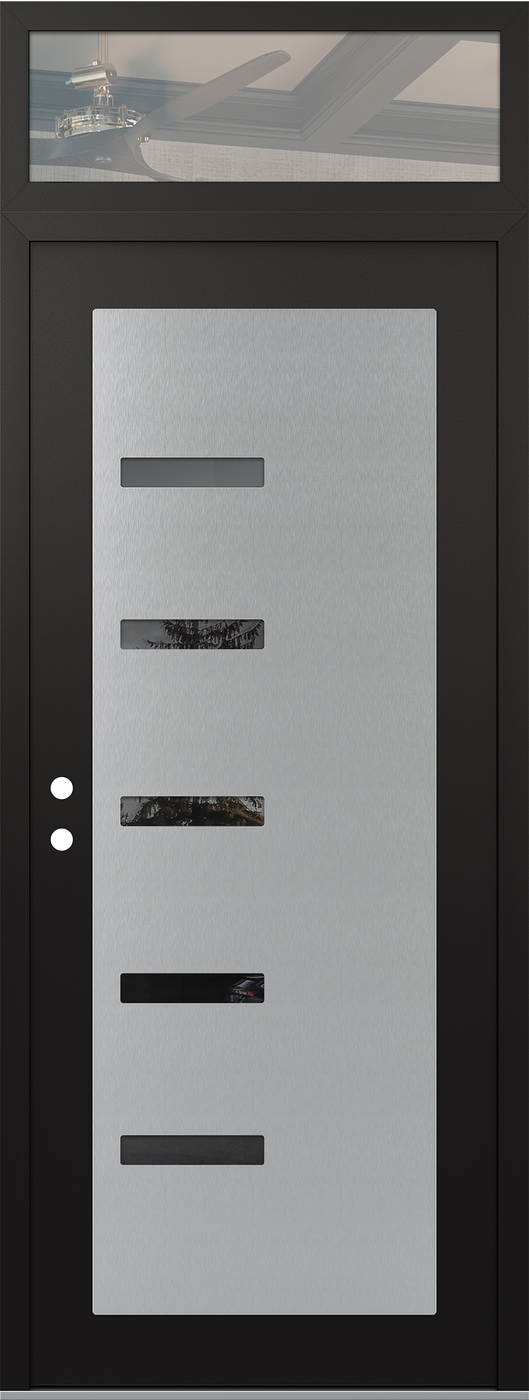 Modern Steel Front Door DIAMOND C8 36" X 96" BLACK/BLACK MIRRORED GLASS PANEL STAINLESS STEEL RHI WITH TRANSOM CLEAR GLASS