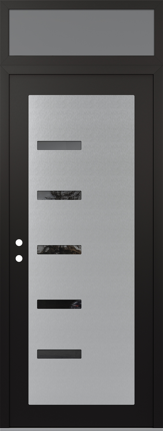 Modern Steel Front Door DIAMOND C8 36" X 96" BLACK/BLACK MIRRORED GLASS PANEL STAINLESS STEEL RHI WITH TRANSOM FROSTED GLASS
