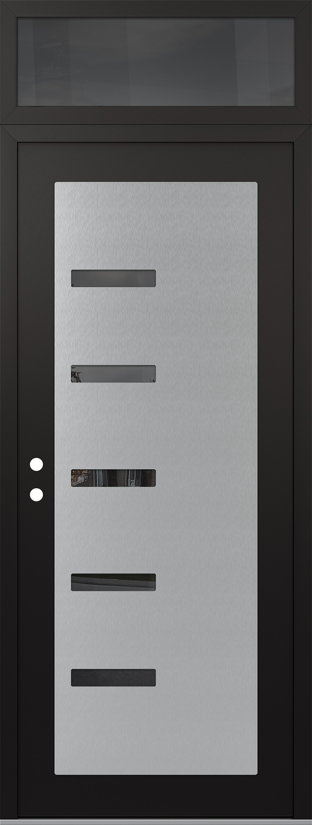 Modern Steel Front Door DIAMOND C8 36" X 96" BLACK/BLACK MIRRORED GLASS PANEL STAINLESS STEEL RHI WITH TRANSOM MIRRORED GLASS
