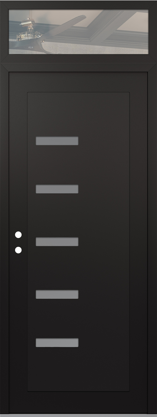 Modern Steel Front Door DIAMOND C8 36" X 96" BLACK/WHITE FROSTED GLASS PANEL BLACK RHI WITH TRANSOM CLEAR GLASS