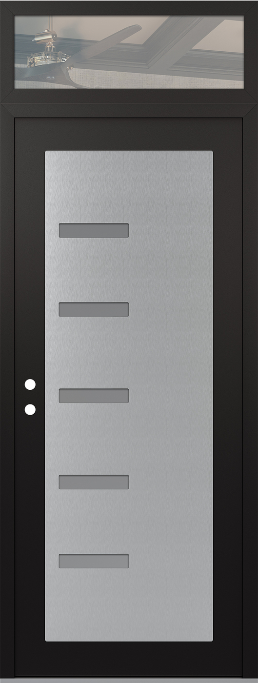 Modern Steel Front Door DIAMOND C8 36" X 96" BLACK/WHITE FROSTED GLASS PANEL STAINLESS STEEL RHI WITH TRANSOM CLEAR GLASS