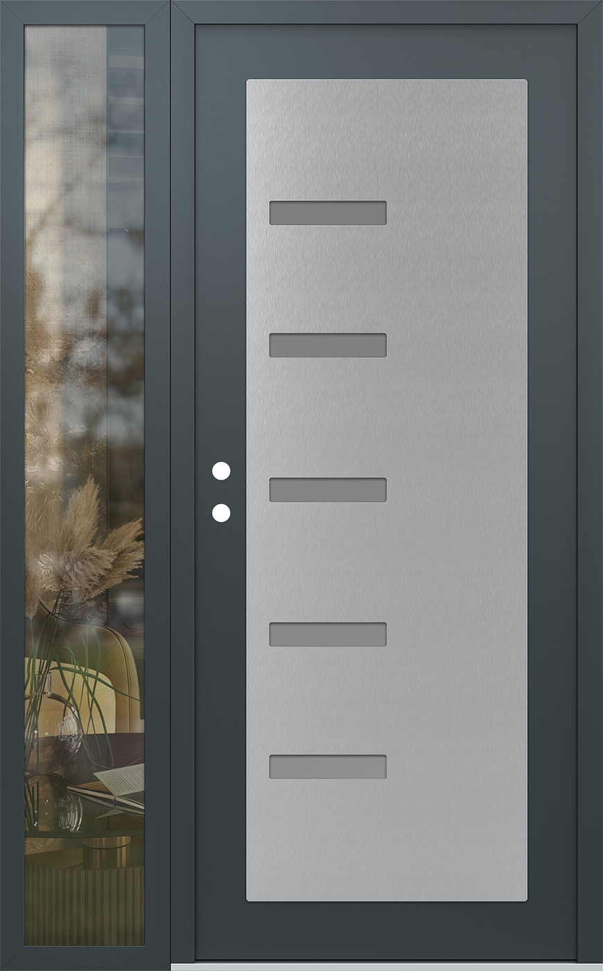 Modern Steel Front Door Diamond C8 48" x 80" anthracite/anthracite frosted Glass Panel stainless steel RHI with Sidelite clear Glass