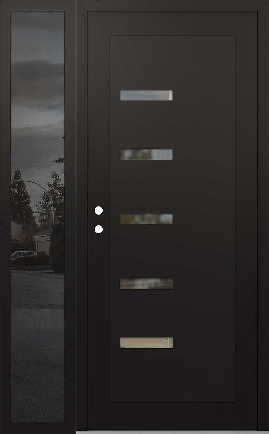 Modern Steel Front Door Diamond C8 48" x 80" black/black clear Glass Panel black RHI with Sidelite mirrored Glass