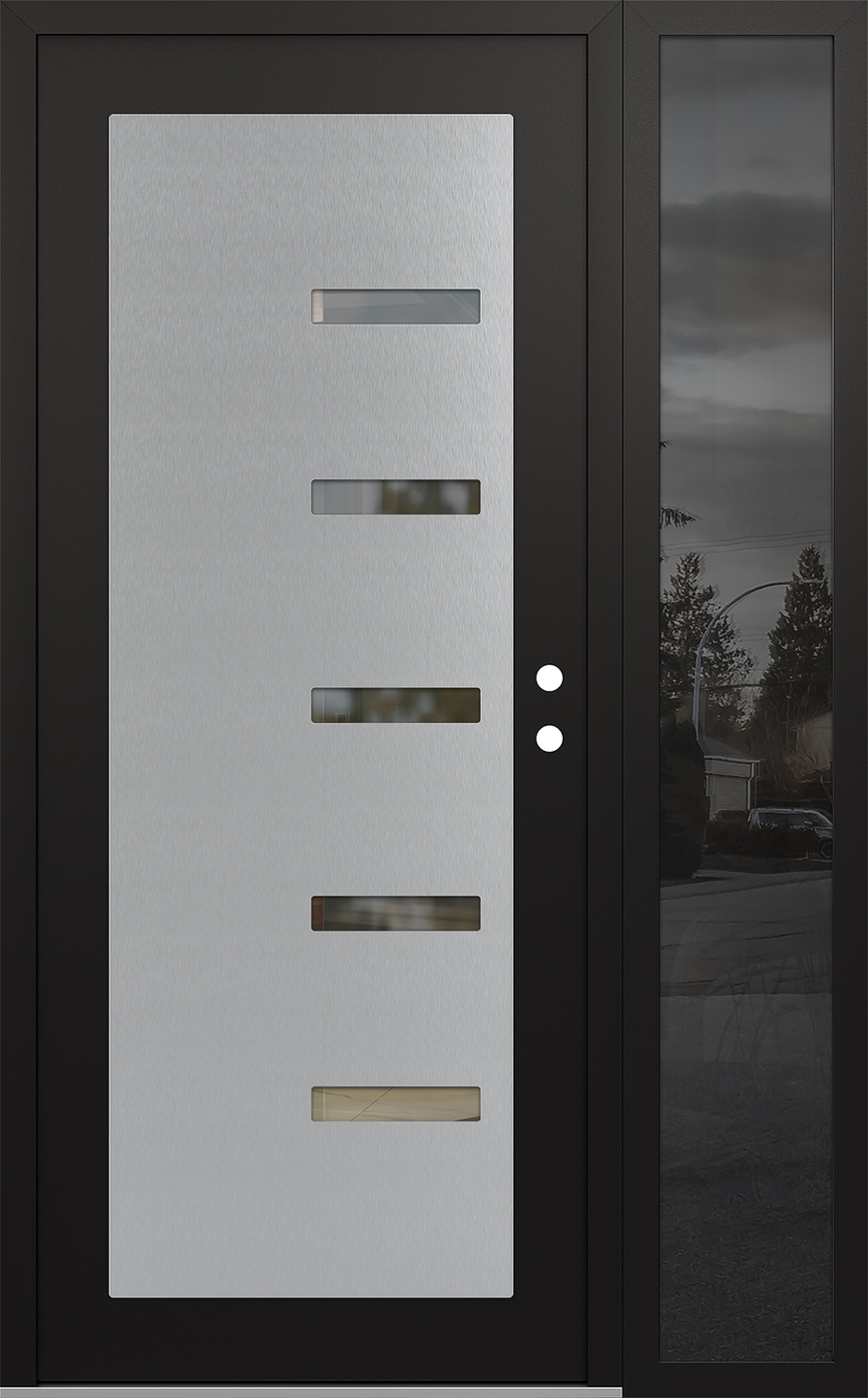 Modern Steel Front Door Diamond C8 48" x 80" black/black clear Glass Panel stainless steel LHI with Sidelite mirrored Glass