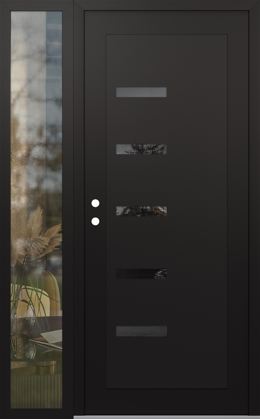 Modern Steel Front Door Diamond C8 48" x 80" black/black mirrored Glass Panel black RHI with Sidelite clear Glass