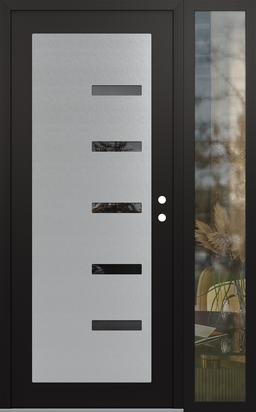 Modern Steel Front Door Diamond C8 48" x 80" black/black mirrored Glass Panel stainless steel LHI with Sidelite clear Glass