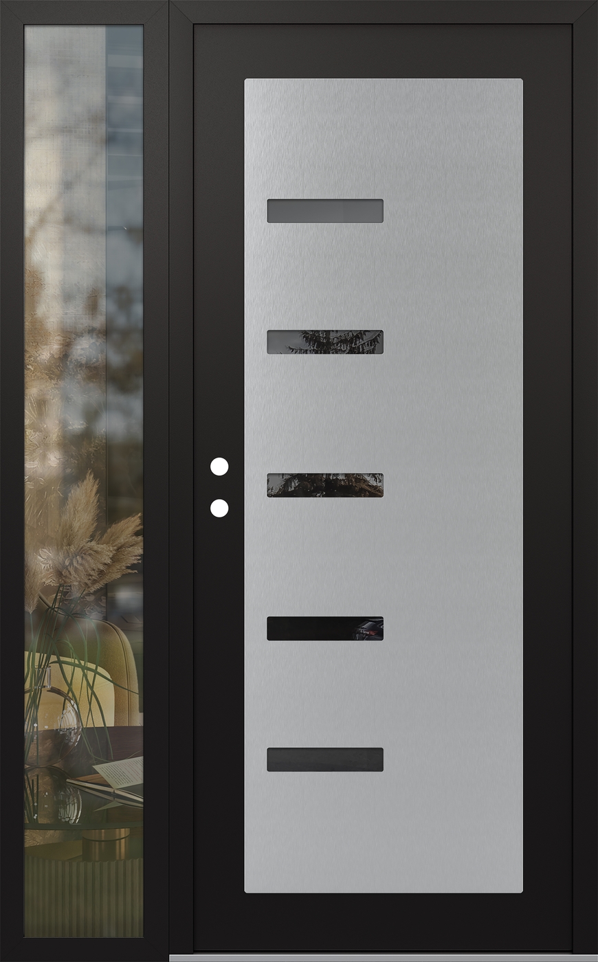 Modern Steel Front Door Diamond C8 48" x 80" black/black mirrored Glass Panel stainless steel RHI with Sidelite clear Glass