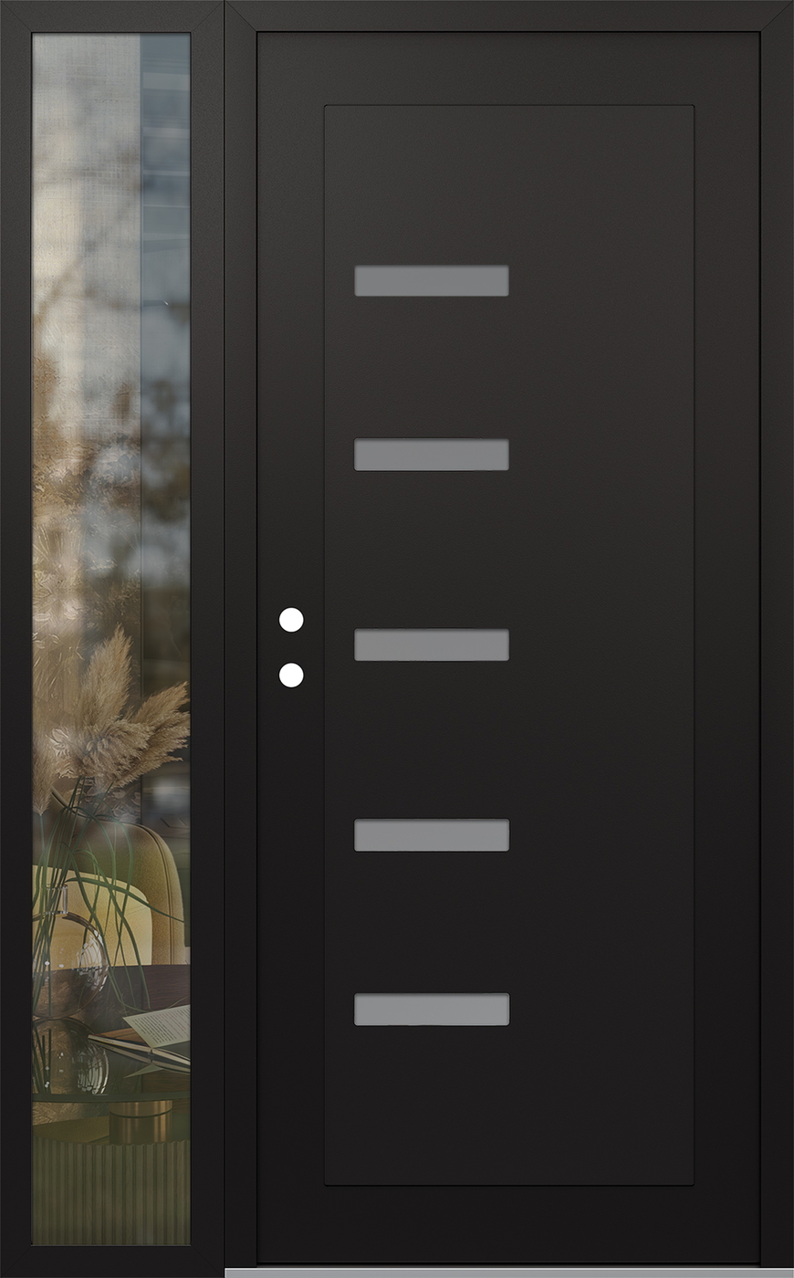 Modern Steel Front Door Diamond C8 48" x 80" black/white frosted Glass Panel black RHI with Sidelite clear Glass
