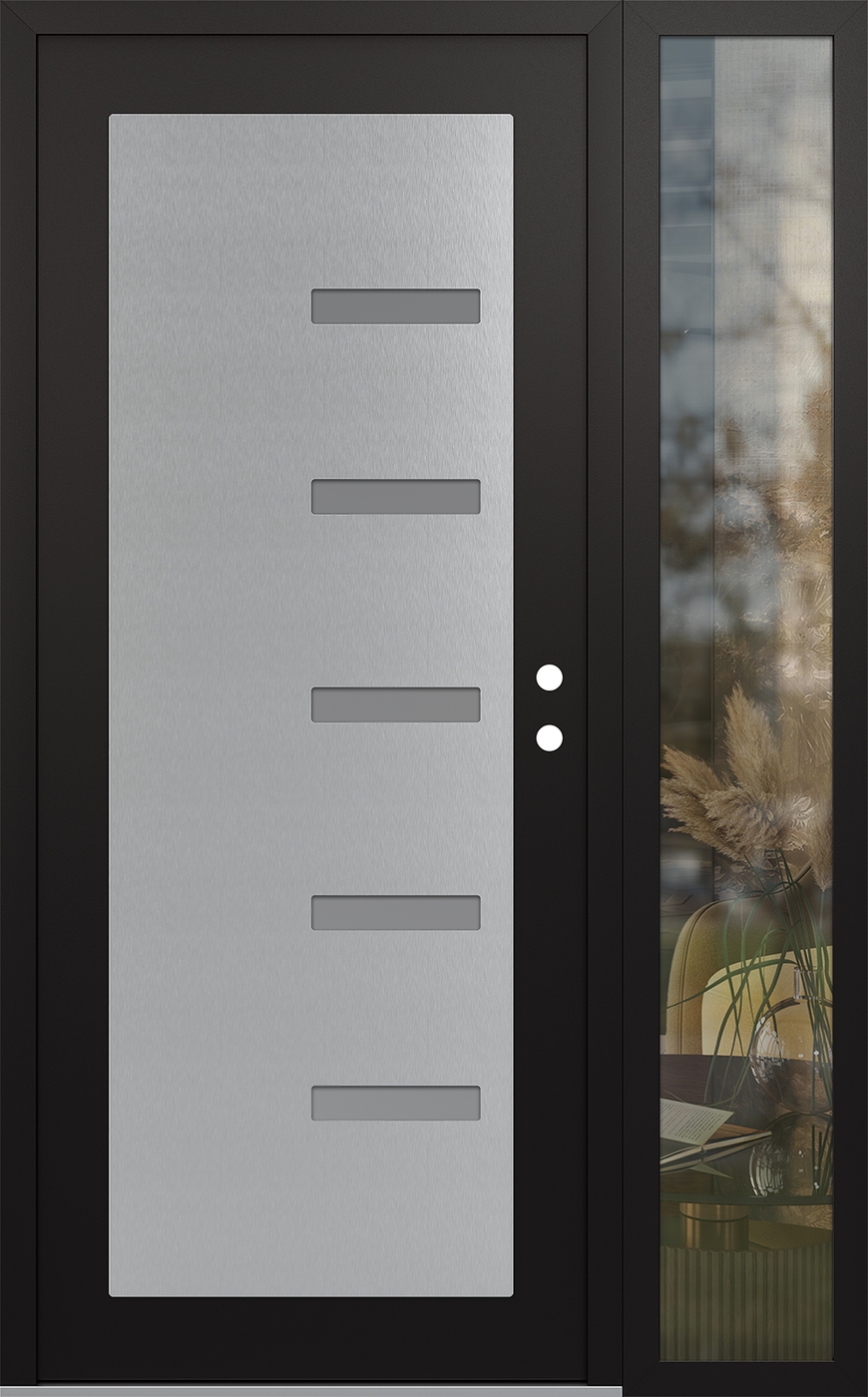 Modern Steel Front Door Diamond C8 48" x 80" black/white frosted Glass Panel stainless steel LHI with Sidelite clear Glass