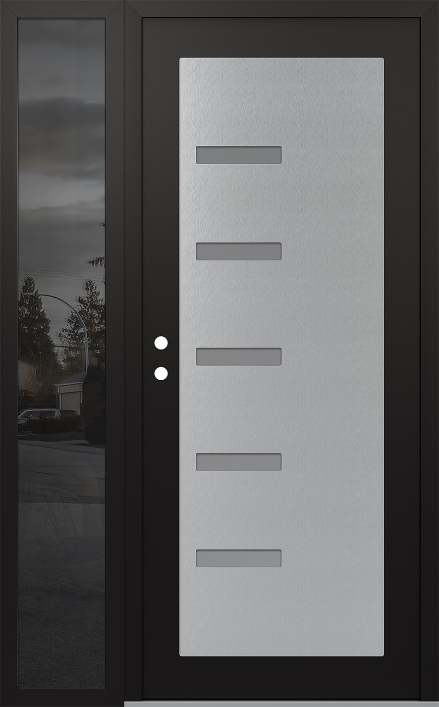 Modern Steel Front Door Diamond C8 48" x 80" black/white frosted Glass Panel stainless steel RHI with Sidelite mirrored Glass