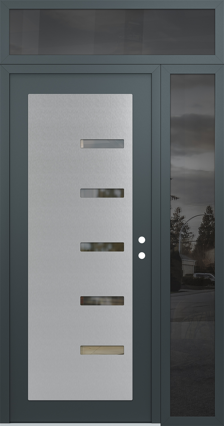 Modern Steel Front Door Diamond C8 48" x 96" anthracite/anthracite clear Glass Panel stainless steel LHI with Sidelite and Transom mirrored Glass