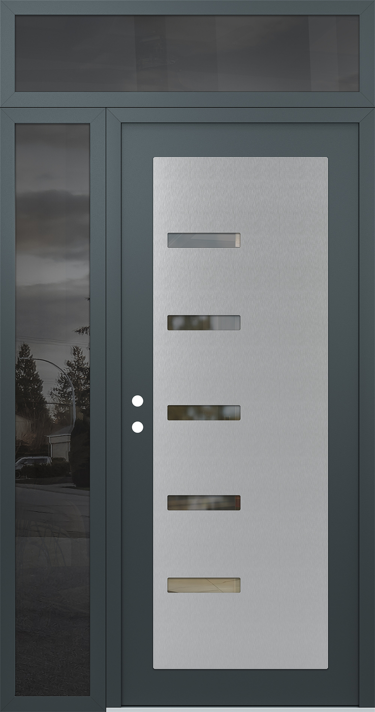 Modern Steel Front Door Diamond C8 48" x 96" anthracite/anthracite clear Glass Panel stainless steel RHI with Sidelite and Transom mirrored Glass