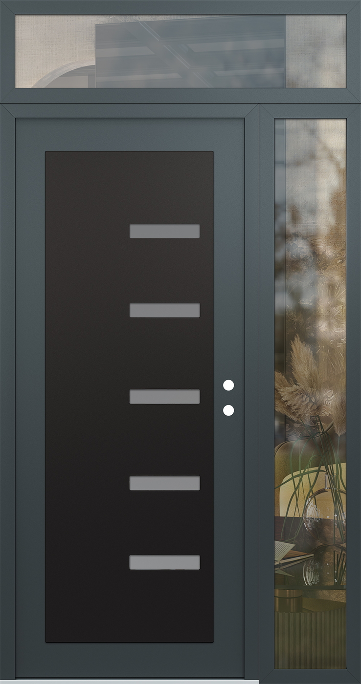 Modern Steel Front Door Diamond C8 48" x 96" anthracite/anthracite frosted Glass Panel black LHI with Sidelite and Transom clear Glass