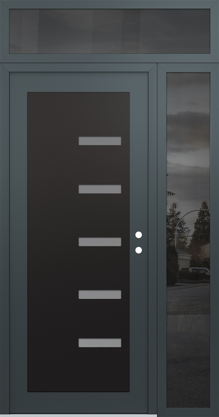Modern Steel Front Door Diamond C8 48" x 96" anthracite/anthracite frosted Glass Panel black LHI with Sidelite and Transom mirrored Glass