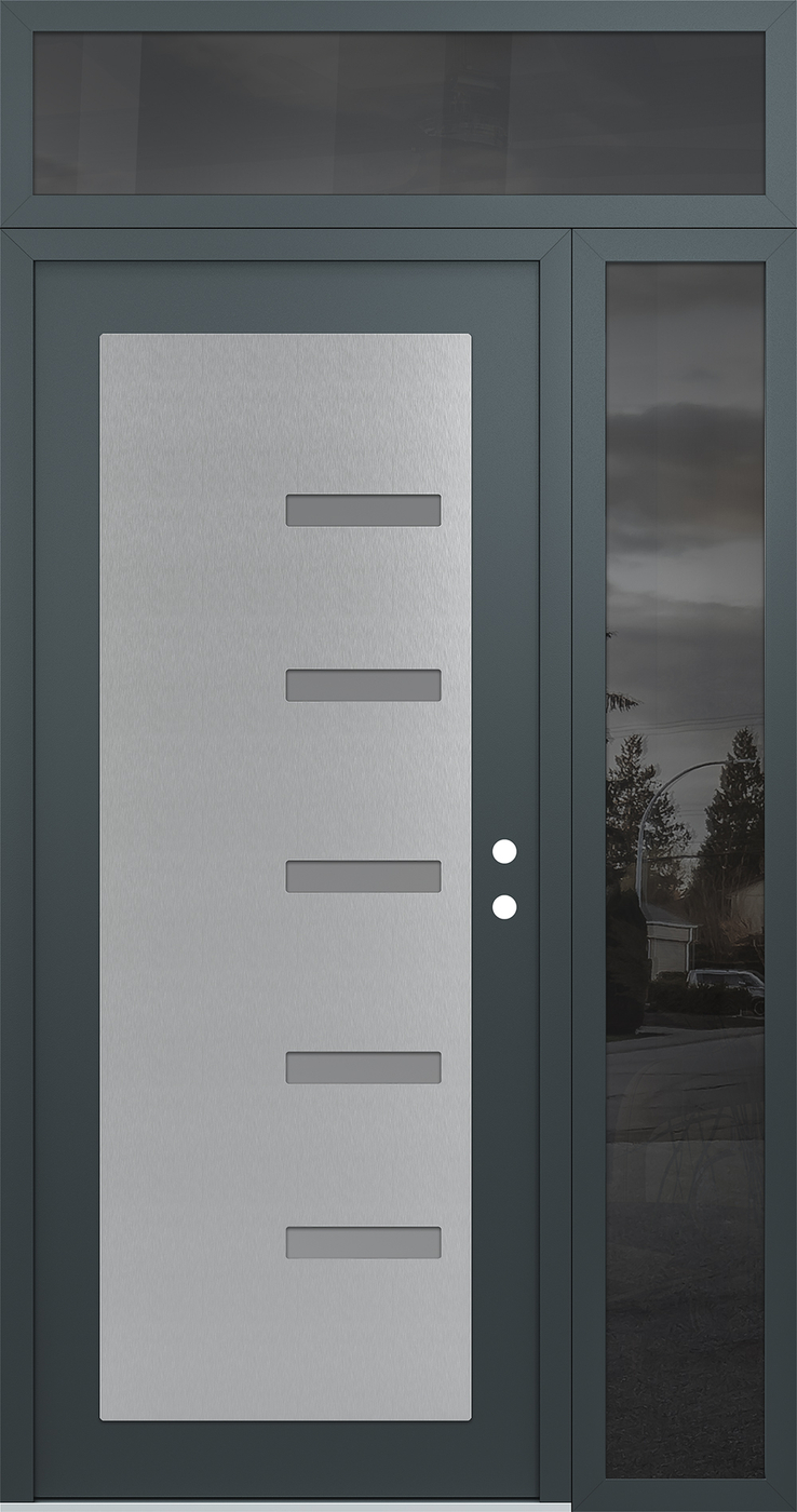 Modern Steel Front Door Diamond C8 48" x 96" anthracite/anthracite frosted Glass Panel stainless steel LHI with Sidelite and Transom mirrored Glass