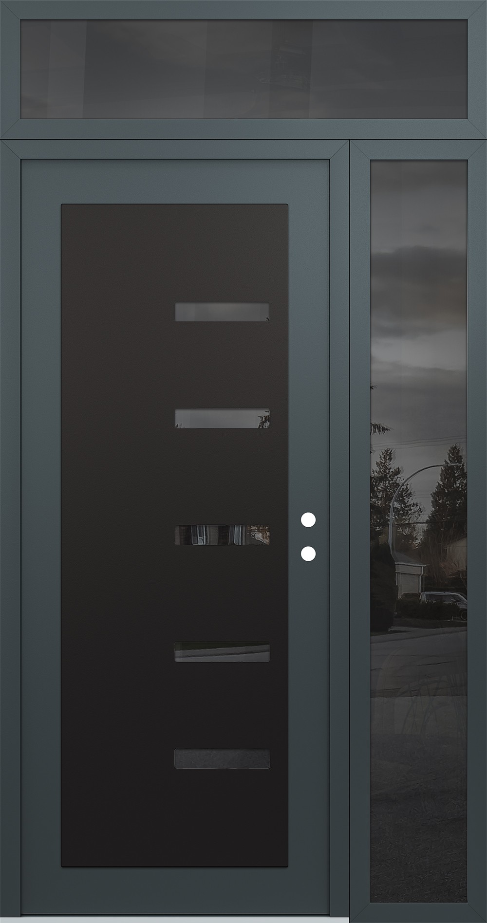 Modern Steel Front Door Diamond C8 48" x 96" anthracite/anthracite mirrored Glass Panel black LHI with Sidelite and Transom mirrored Glass