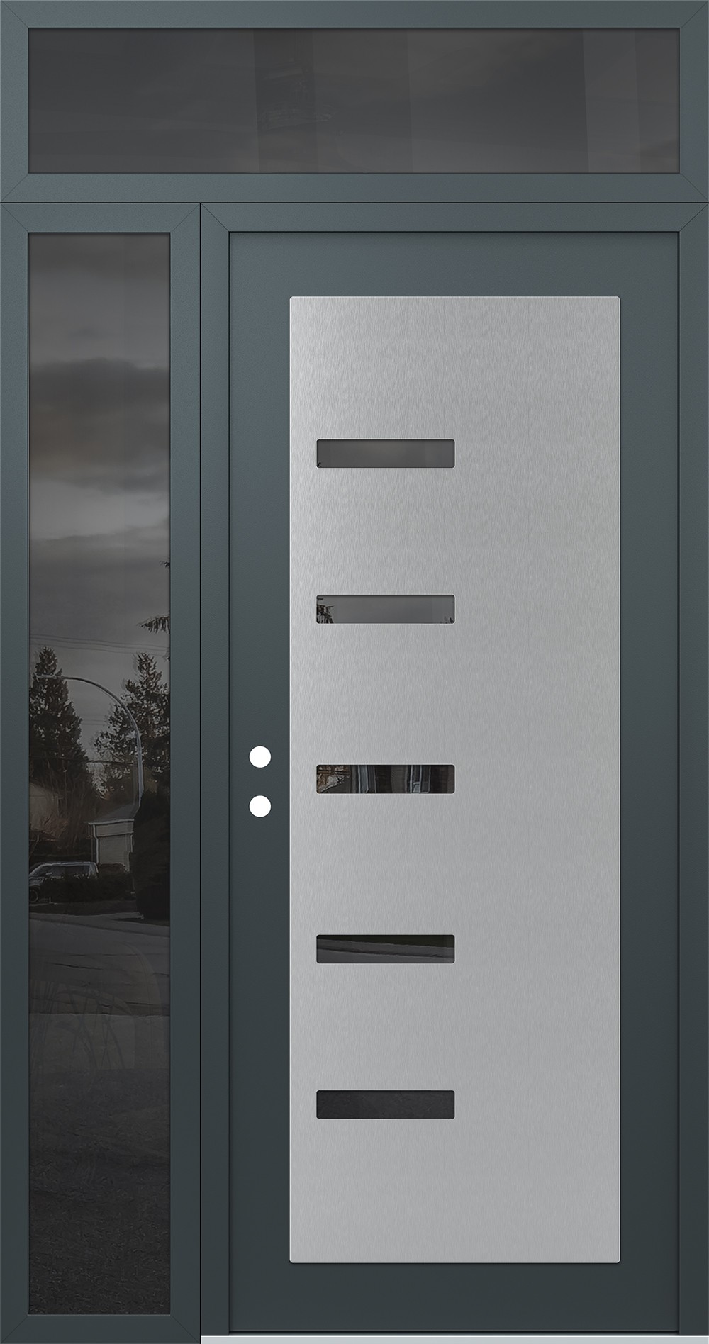 Modern Steel Front Door Diamond C8 48" x 96" anthracite/anthracite mirrored Glass Panel stainless steel RHI with Sidelite and Transom mirrored Glass