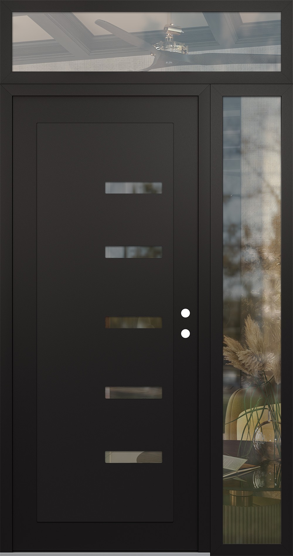 Modern Steel Front Door Diamond C8 48" x 96" black/black clear Glass Panel black LHI with Sidelite and Transom clear Glass