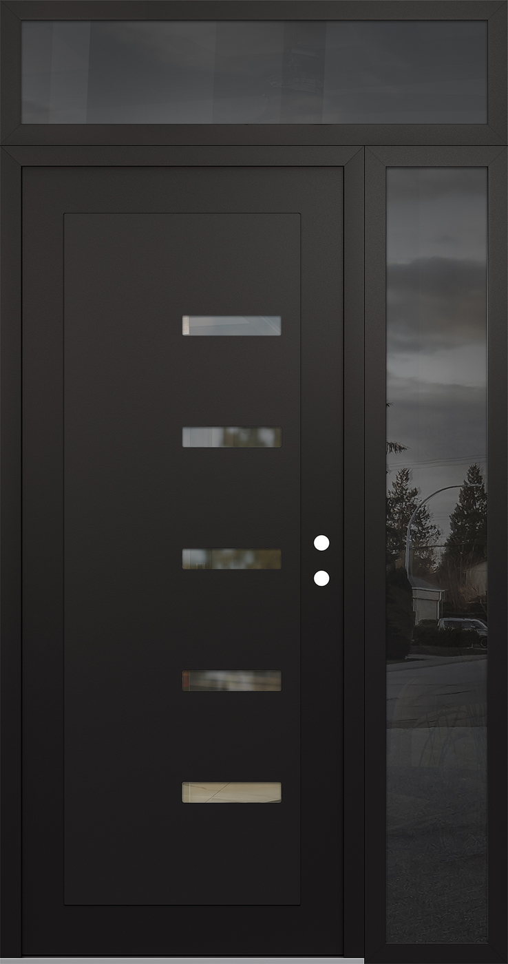 Modern Steel Front Door Diamond C8 48" x 96" black/black clear Glass Panel black LHI with Sidelite and Transom mirrored Glass