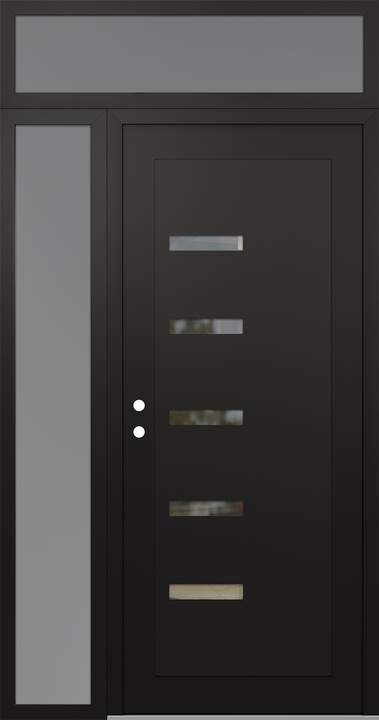 Modern Steel Front Door Diamond C8 48" x 96" black/black clear Glass Panel black RHI with Sidelite and Transom frosted Glass