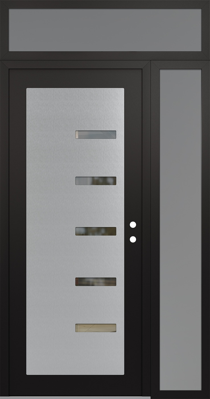Modern Steel Front Door Diamond C8 48" x 96" black/black clear Glass Panel stainless steel LHI with Sidelite and Transom frosted Glass