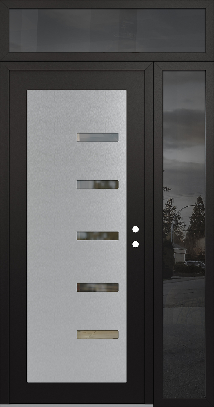 Modern Steel Front Door Diamond C8 48" x 96" black/black clear Glass Panel stainless steel LHI with Sidelite and Transom mirrored Glass