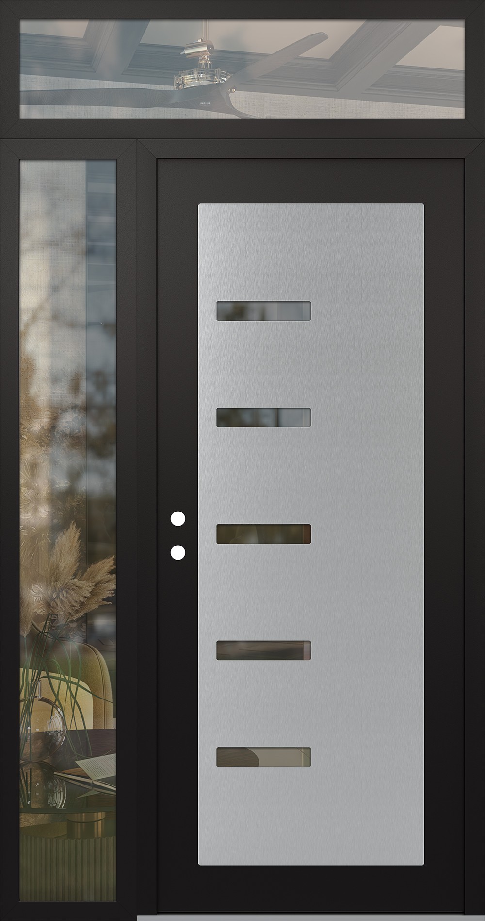Modern Steel Front Door Diamond C8 48" x 96" black/black clear Glass Panel stainless steel RHI with Sidelite and Transom clear Glass