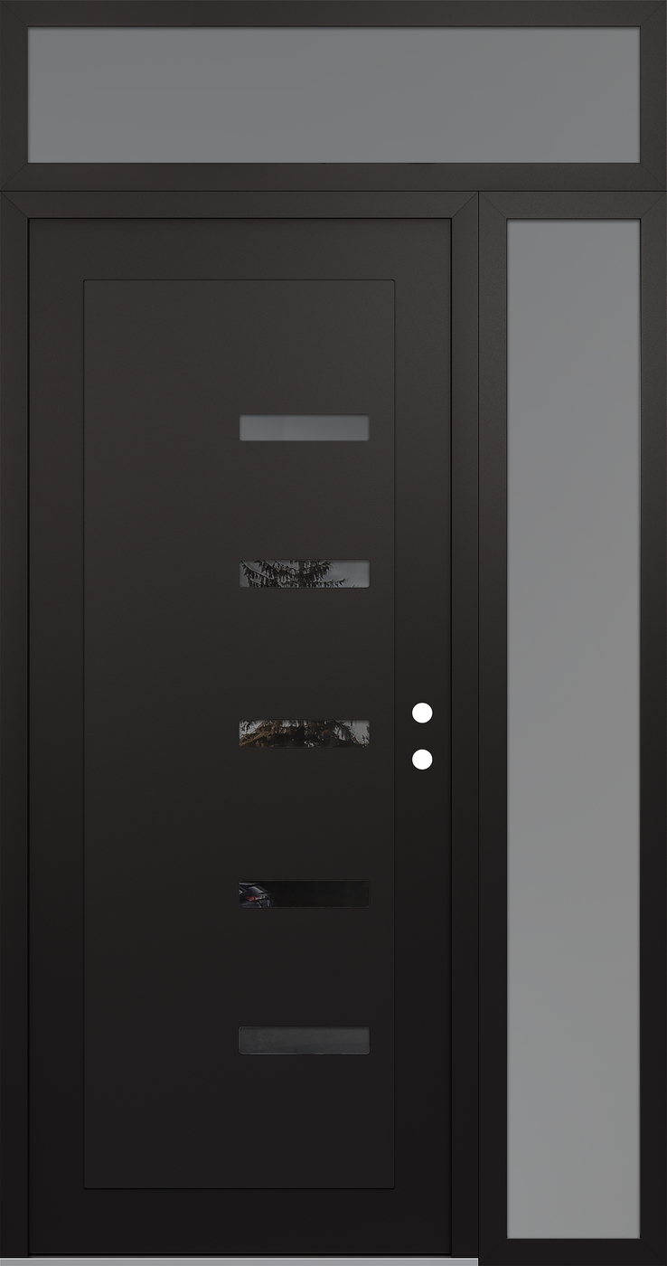Modern Steel Front Door Diamond C8 48" x 96" black/black mirrored Glass Panel black LHI with Sidelite and Transom frosted Glass