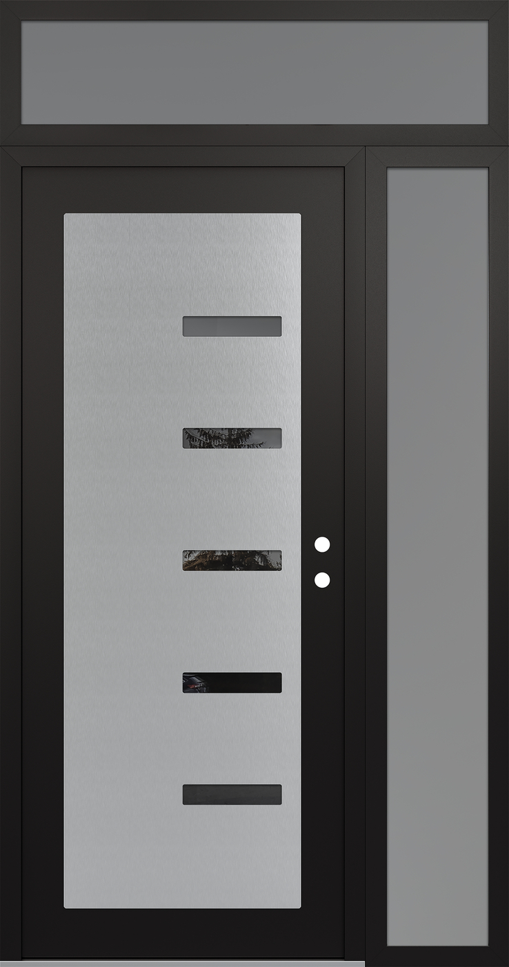 Modern Steel Front Door Diamond C8 48" x 96" black/black mirrored Glass Panel stainless steel LHI with Sidelite and Transom frosted Glass