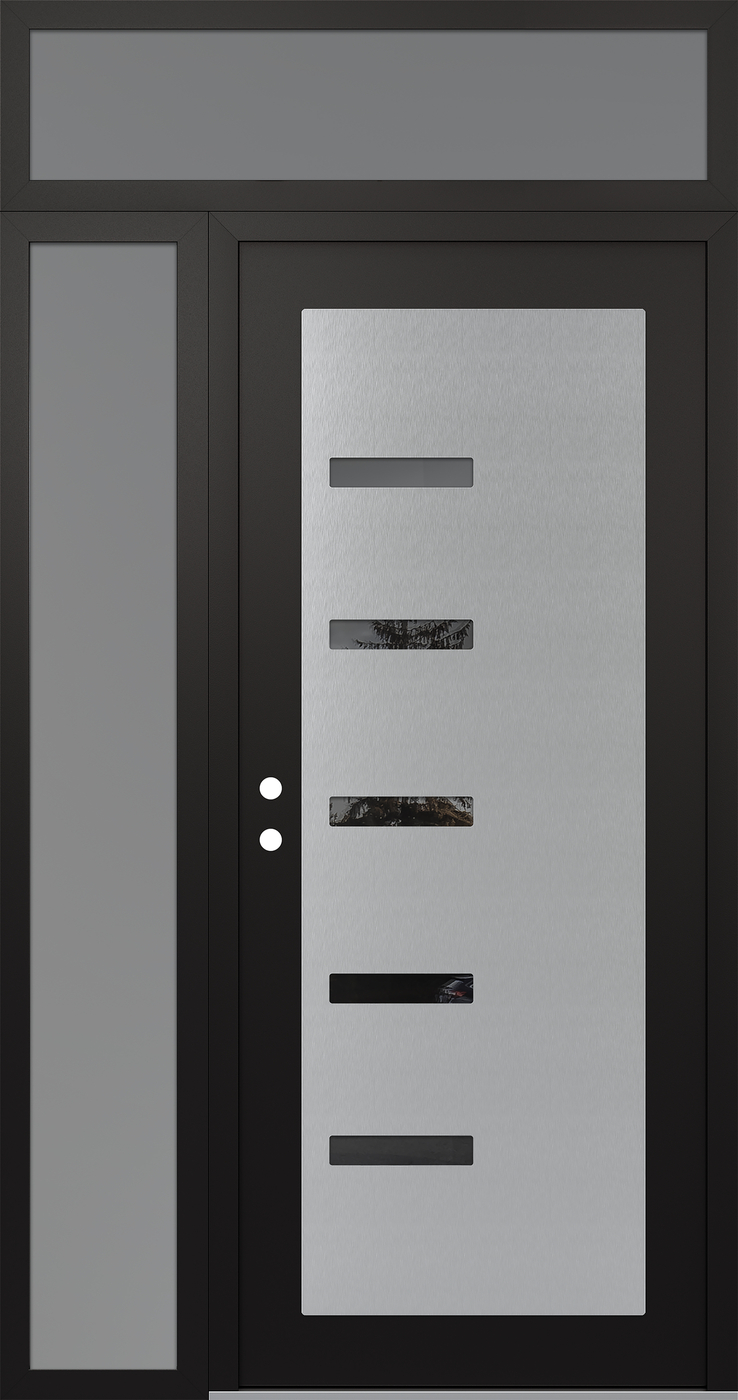 Modern Steel Front Door Diamond C8 48" x 96" black/black mirrored Glass Panel stainless steel RHI with Sidelite and Transom frosted Glass