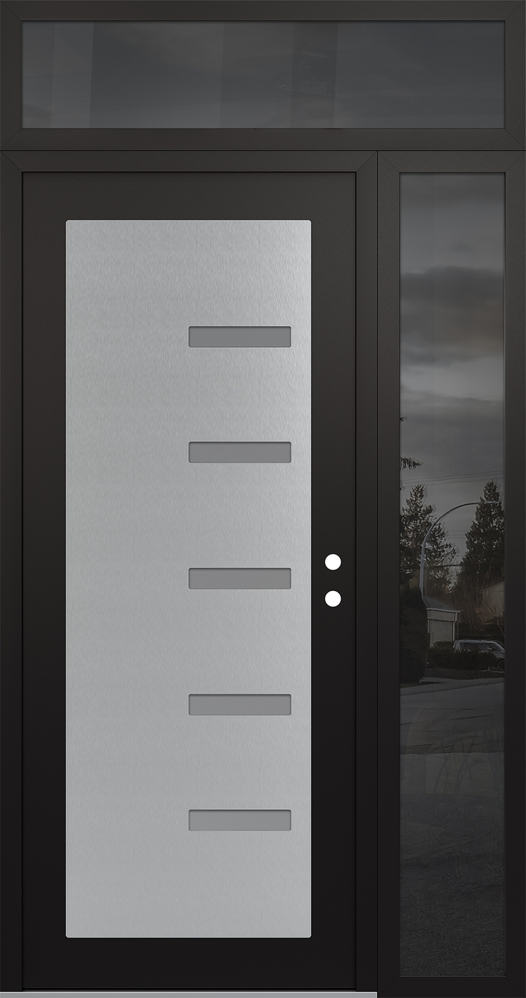 Modern Steel Front Door Diamond C8 48" x 96" black/white frosted Glass Panel stainless steel LHI with Sidelite and Transom mirrored Glass