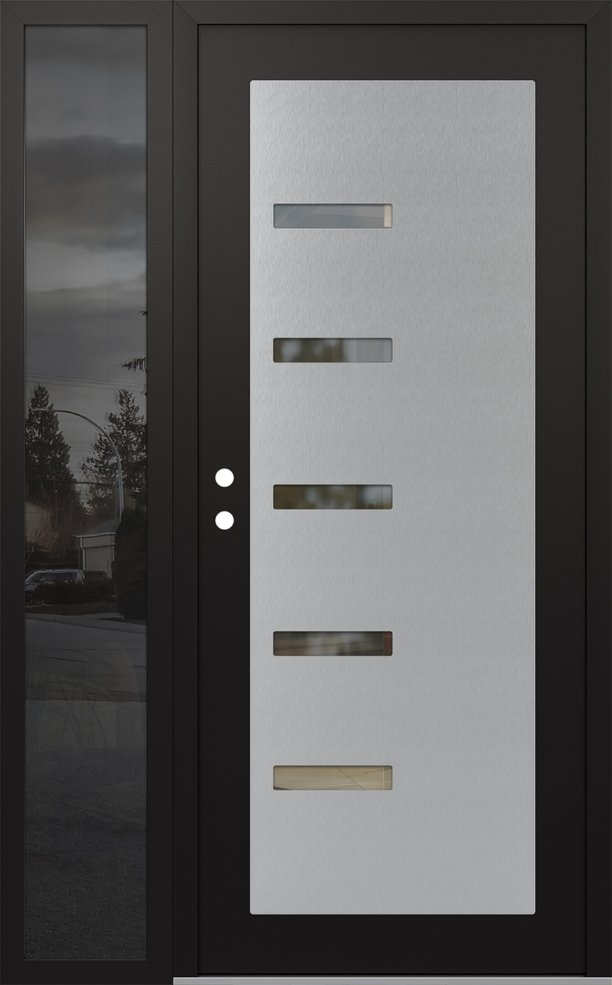 Modern Steel Front Door Diamond C8 50" x 80" black/black clear Glass Panel stainless steel RHI with Sidelite mirrored Glass