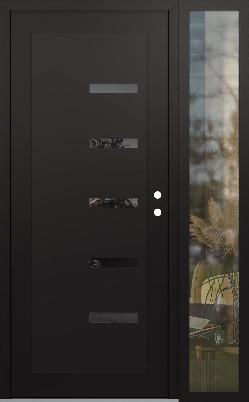 Modern Steel Front Door Diamond C8 50" x 80" black/black mirrored Glass Panel black LHI with Sidelite clear Glass