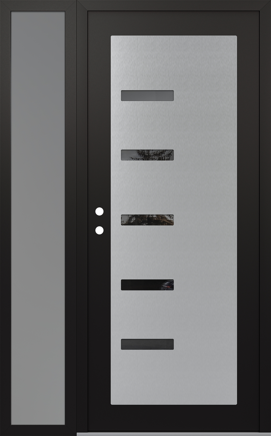 Modern Steel Front Door Diamond C8 50" x 80" black/black mirrored Glass Panel stainless steel RHI with Sidelite frosted Glass