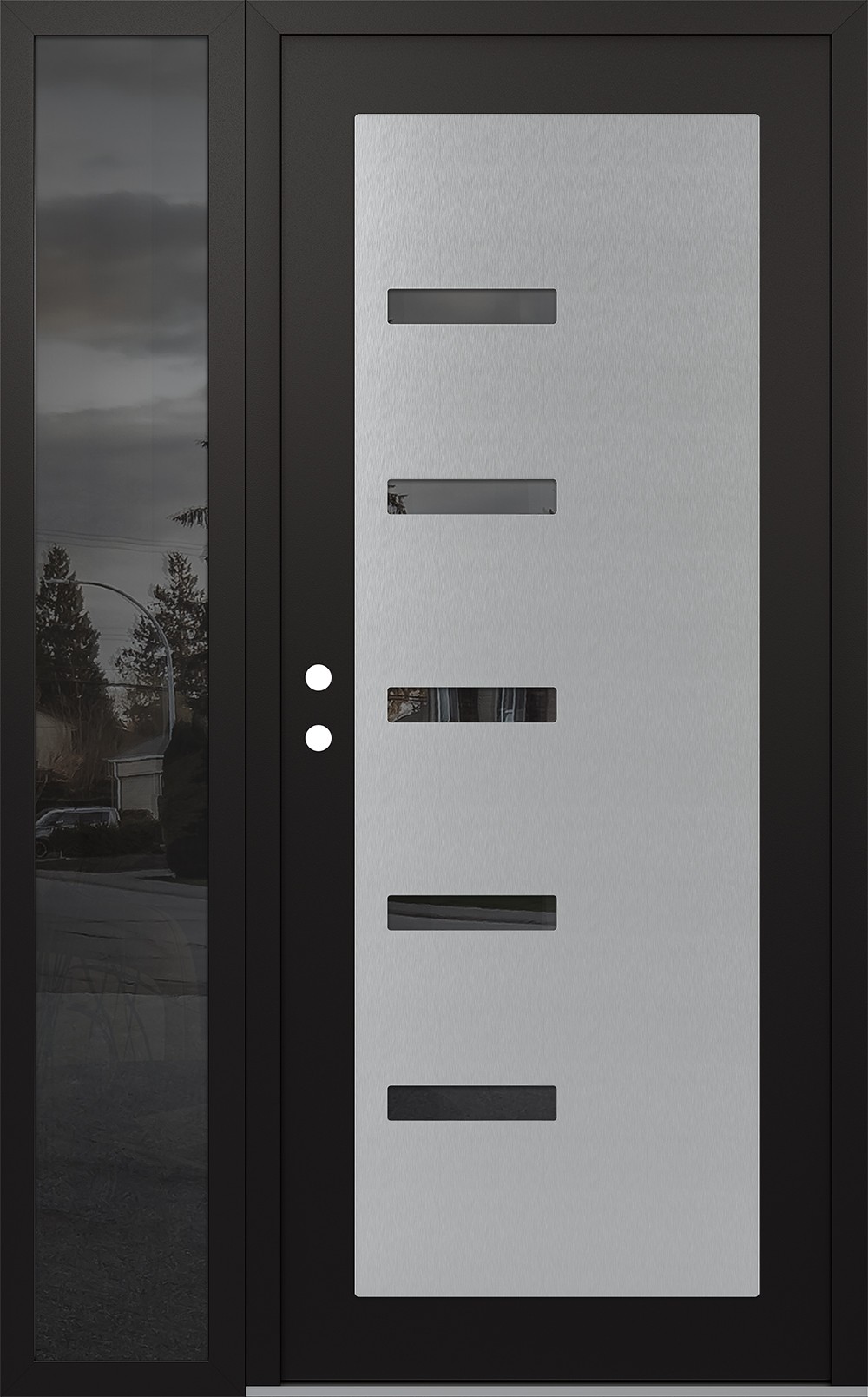 Modern Steel Front Door Diamond C8 50" x 80" black/black mirrored Glass Panel stainless steel RHI with Sidelite mirrored Glass