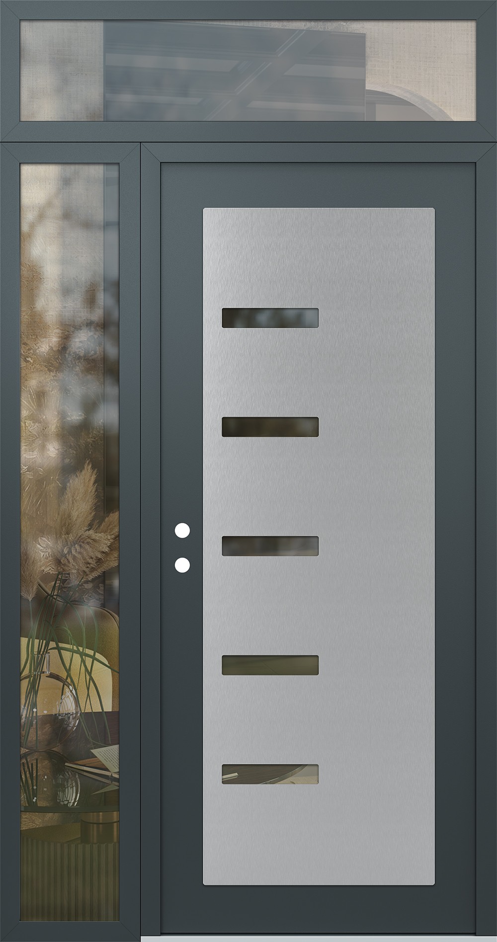 Modern Steel Front Door Diamond C8 50" x 96" anthracite/anthracite clear Glass Panel stainless steel RHI with Sidelite and Transom clear Glass