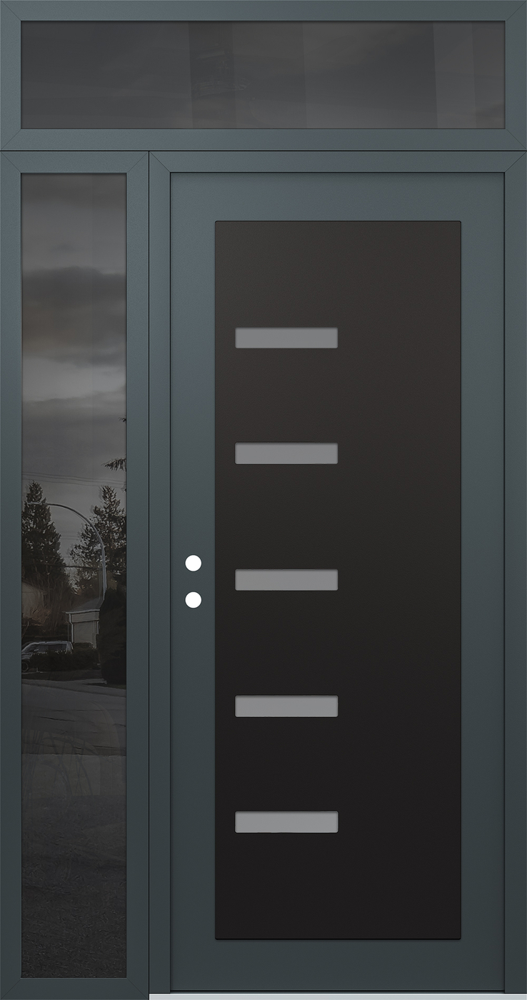 Modern Steel Front Door Diamond C8 50" x 96" anthracite/anthracite frosted Glass Panel black RHI with Sidelite and Transom mirrored Glass