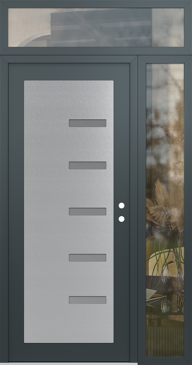 Modern Steel Front Door Diamond C8 50" x 96" anthracite/anthracite frosted Glass Panel stainless steel LHI with Sidelite and Transom clear Glass