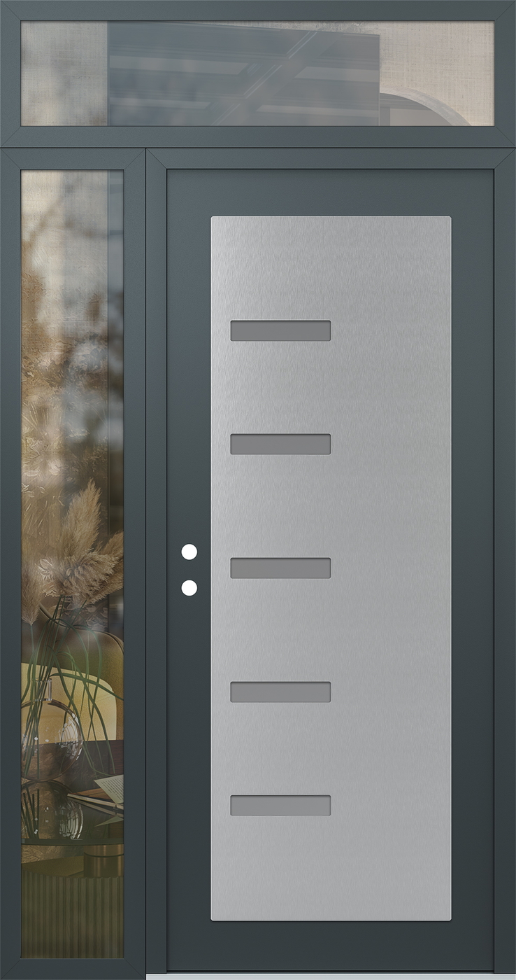 Modern Steel Front Door Diamond C8 50" x 96" anthracite/anthracite frosted Glass Panel stainless steel RHI with Sidelite and Transom clear Glass