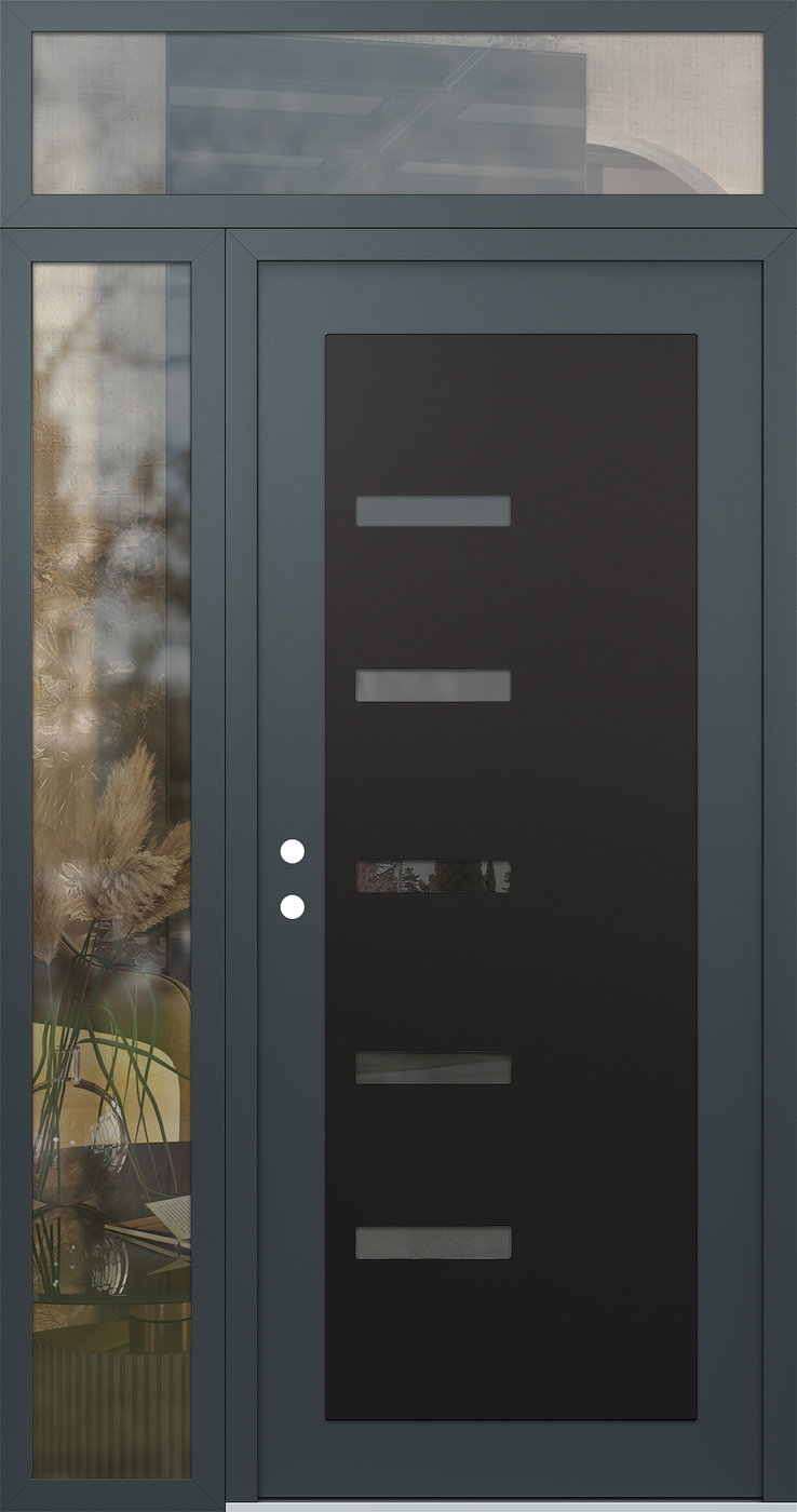 Modern Steel Front Door Diamond C8 50" x 96" anthracite/anthracite mirrored Glass Panel black RHI with Sidelite and Transom clear Glass