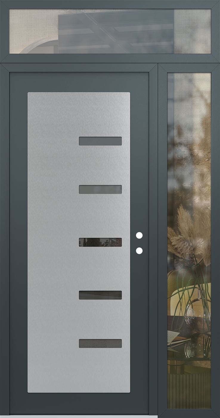 Modern Steel Front Door Diamond C8 50" x 96" anthracite/anthracite mirrored Glass Panel stainless steel LHI with Sidelite and Transom clear Glass