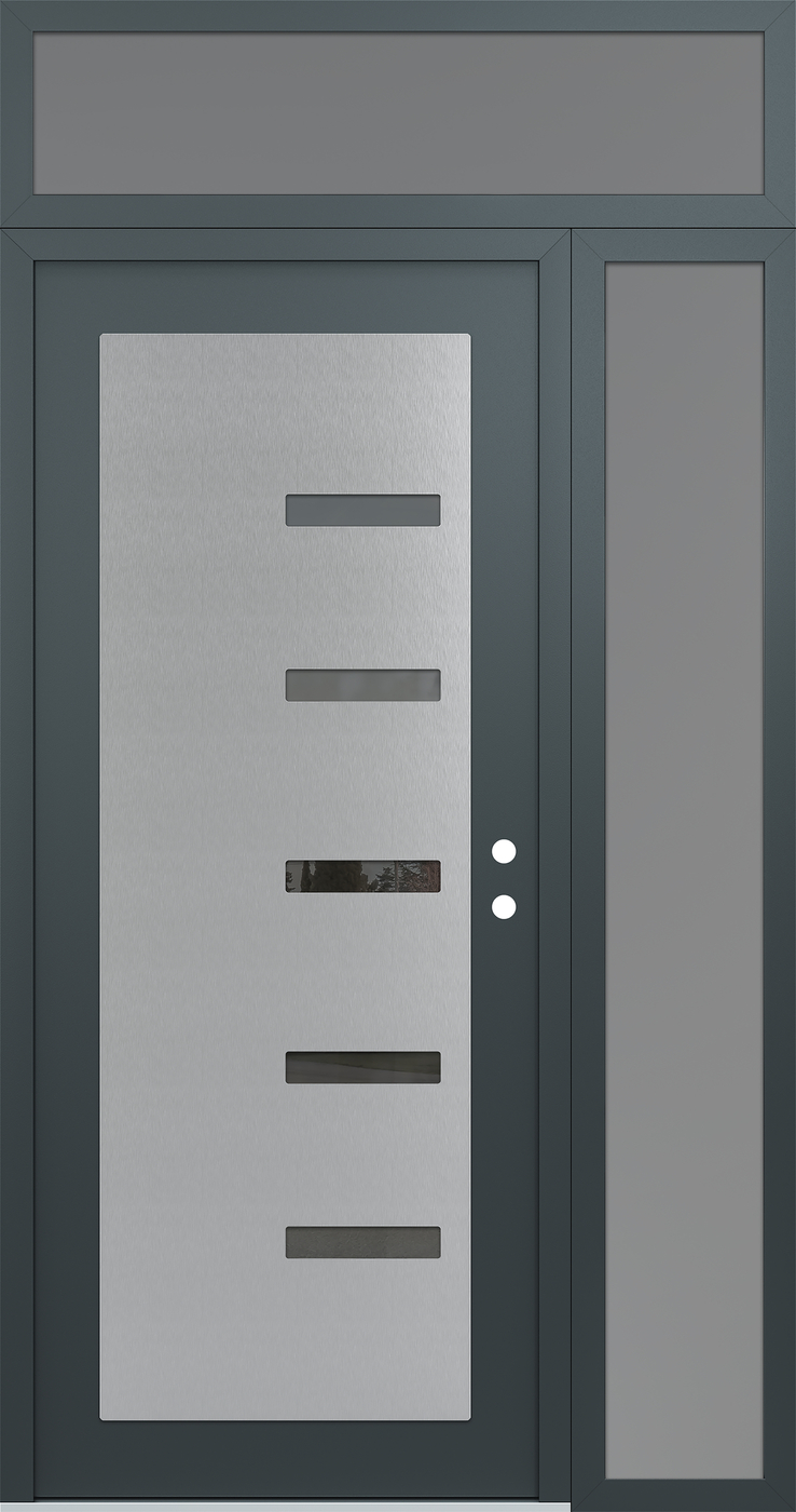Modern Steel Front Door Diamond C8 50" x 96" anthracite/anthracite mirrored Glass Panel stainless steel LHI with Sidelite and Transom frosted Glass