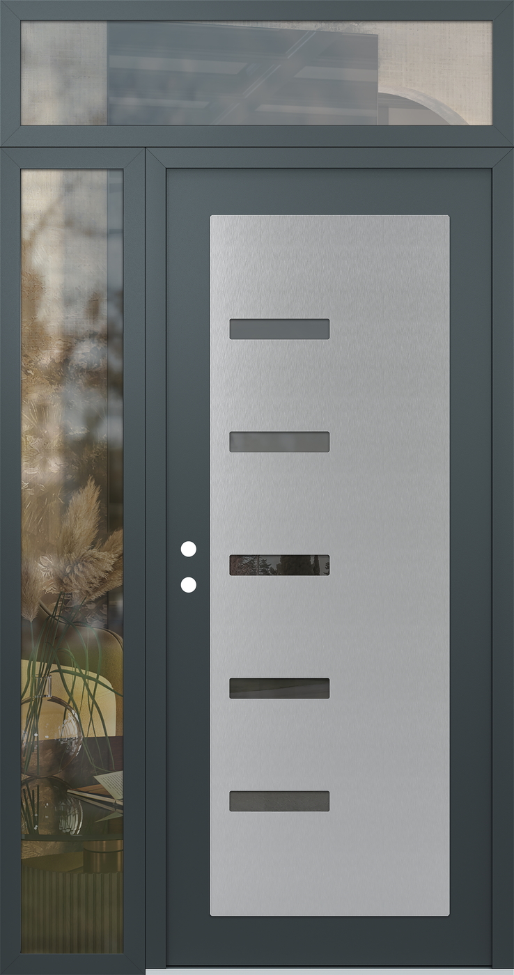Modern Steel Front Door Diamond C8 50" x 96" anthracite/anthracite mirrored Glass Panel stainless steel RHI with Sidelite and Transom clear Glass