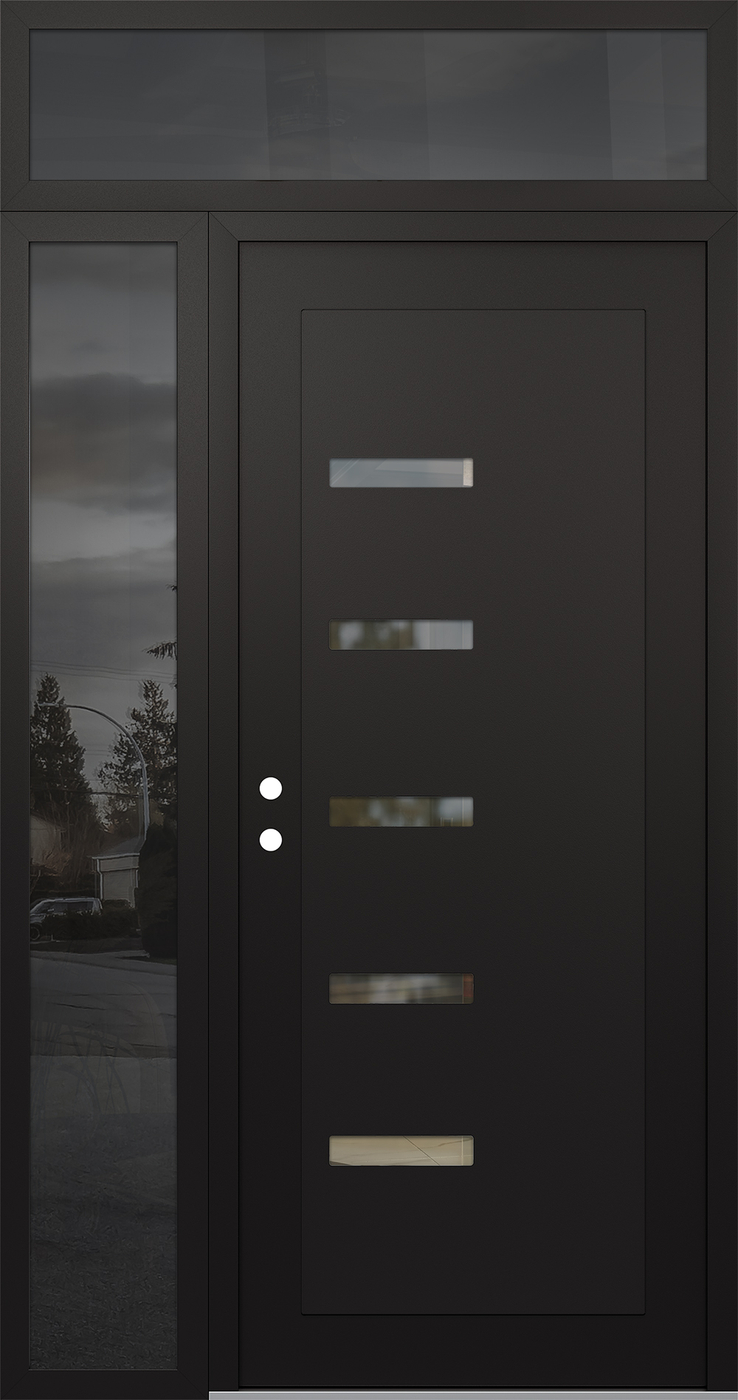 Modern Steel Front Door Diamond C8 50" x 96" black/black clear Glass Panel black RHI with Sidelite and Transom mirrored Glass