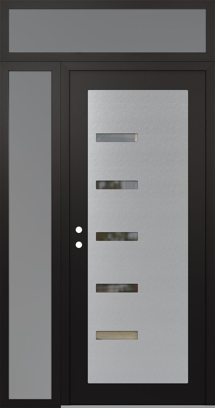 Modern Steel Front Door Diamond C8 50" x 96" black/black clear Glass Panel stainless steel RHI with Sidelite and Transom frosted Glass