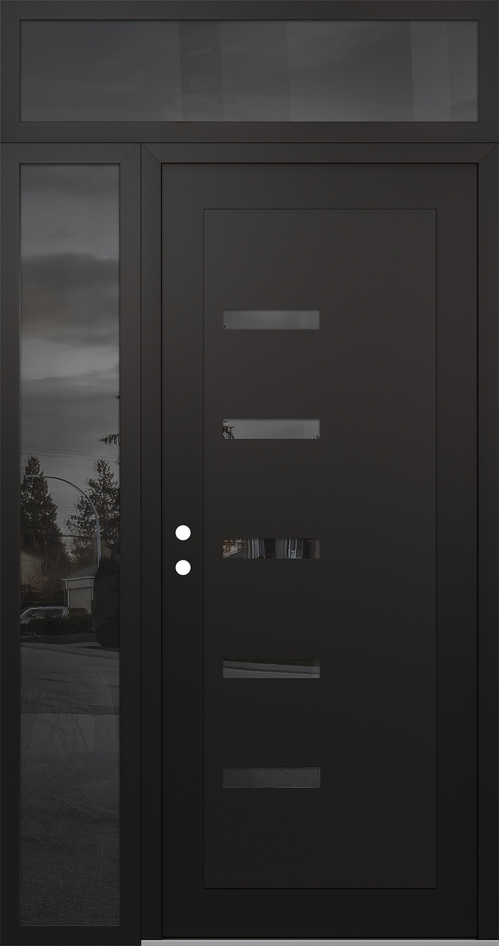 Modern Steel Front Door Diamond C8 50" x 96" black/black mirrored Glass Panel black RHI with Sidelite and Transom mirrored Glass