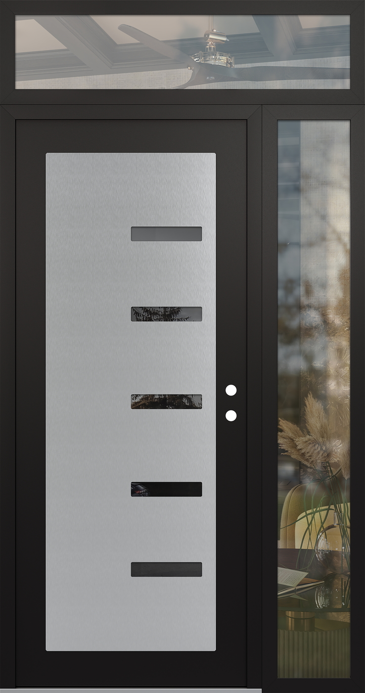 Modern Steel Front Door Diamond C8 50" x 96" black/black mirrored Glass Panel stainless steel LHI with Sidelite and Transom clear Glass