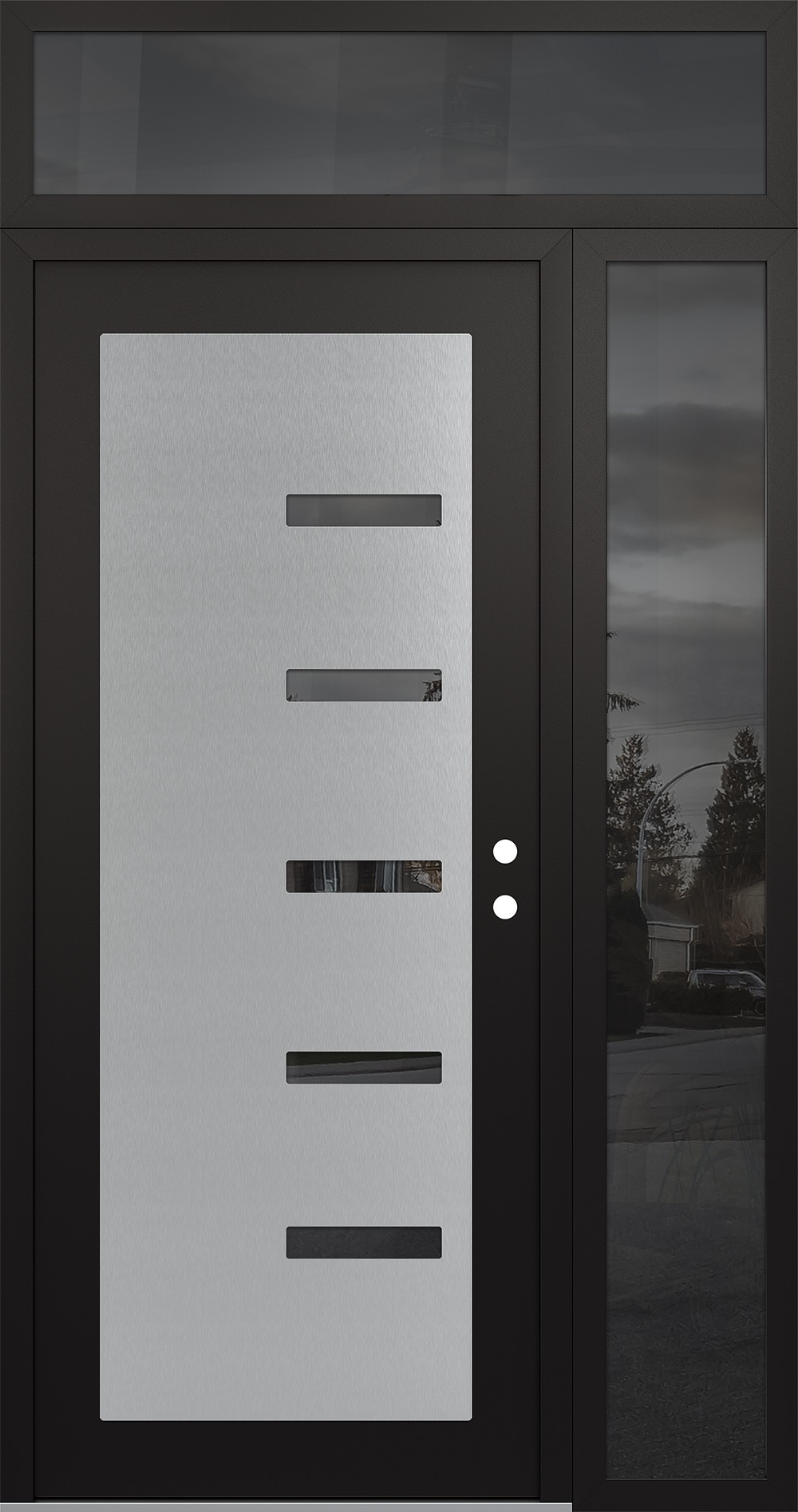 Modern Steel Front Door Diamond C8 50" x 96" black/black mirrored Glass Panel stainless steel LHI with Sidelite and Transom mirrored Glass