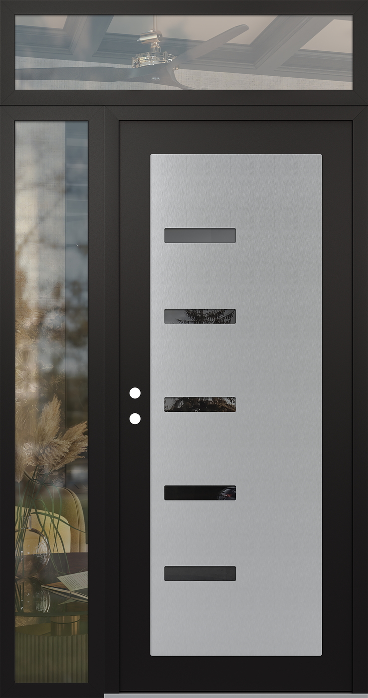 Modern Steel Front Door Diamond C8 50" x 96" black/black mirrored Glass Panel stainless steel RHI with Sidelite and Transom clear Glass