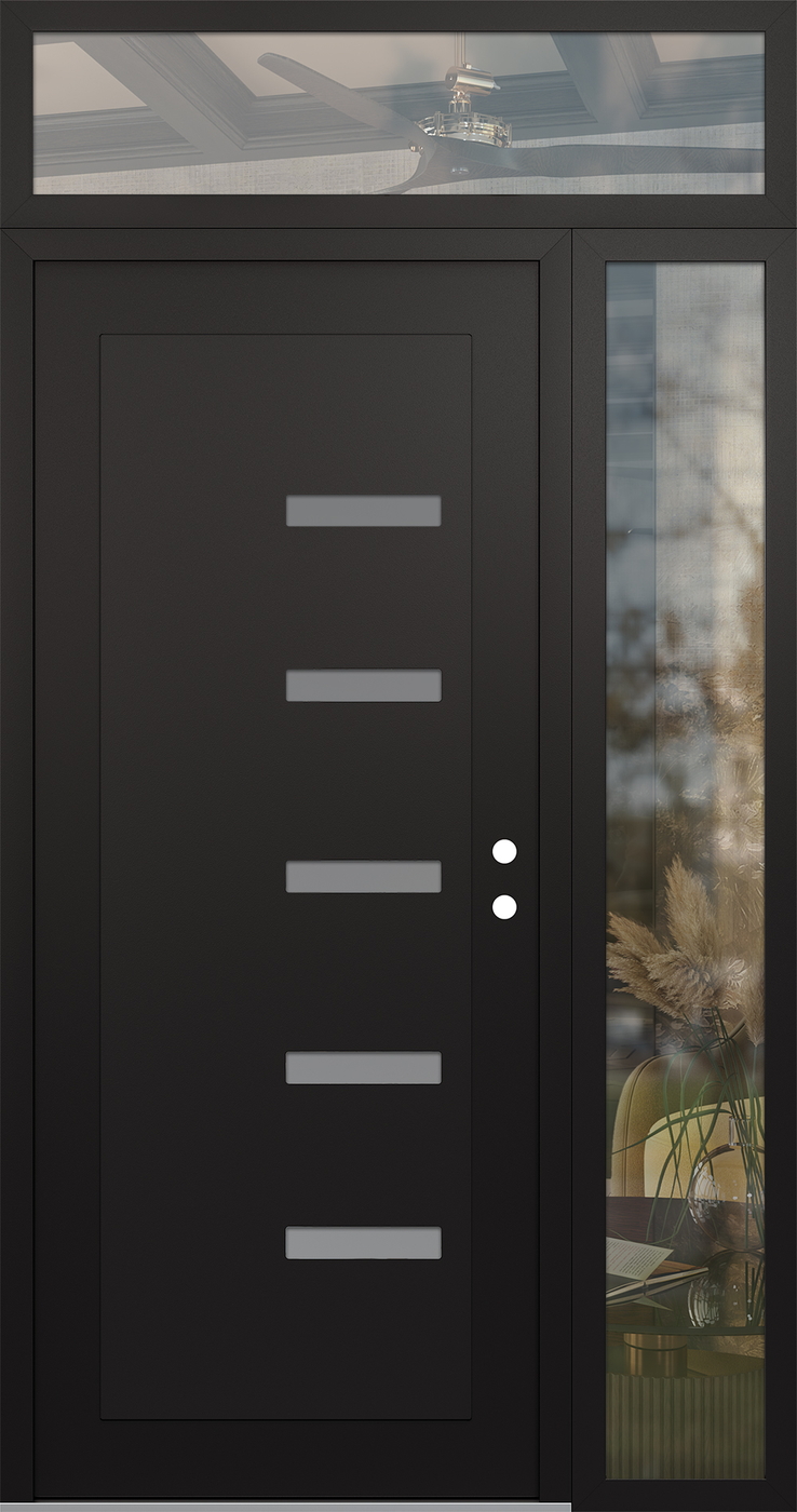 Modern Steel Front Door Diamond C8 50" x 96" black/white frosted Glass Panel black LHI with Sidelite and Transom clear Glass